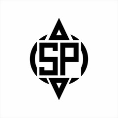 SP Logo with circle rounded combine triangle top and bottom side design template on white background