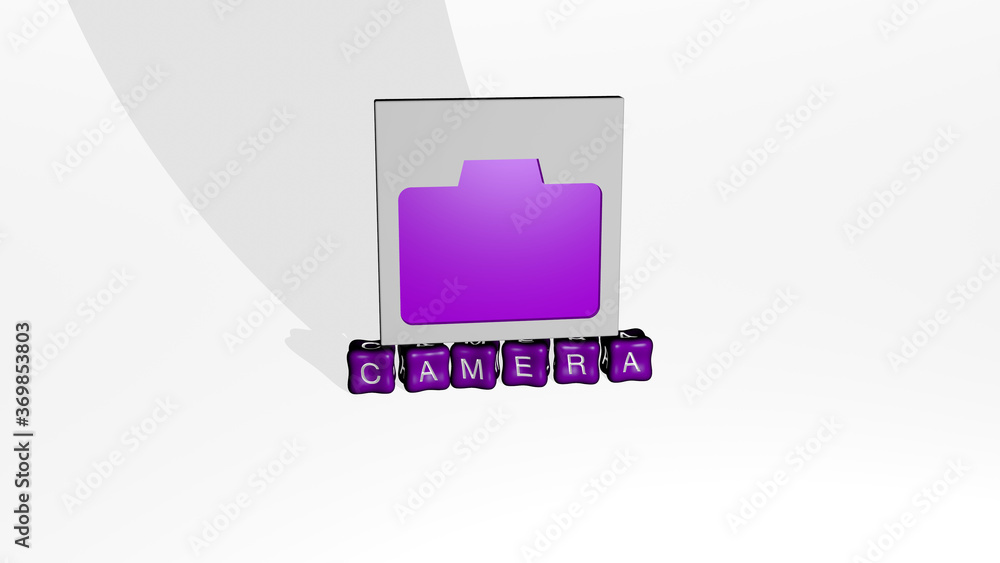 Poster 3d graphical image of camera vertically along with text built by metallic cubic letters from the top