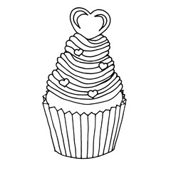 Single hand drawn cupcake decorated with hearts. In doodle style, black outline isolated on a white background. Cute element for design instagram stories, card, stickers. Valentine s day vector.