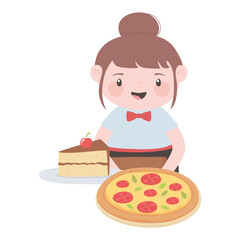 waitress with pizza and piece ckae in dish cartoon character