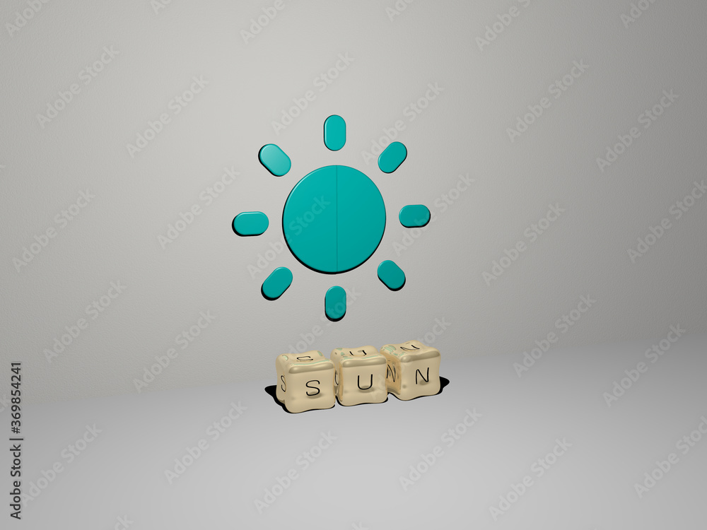 Poster 3d graphical image of sun vertically along with text built by metallic cubic letters from the top pe