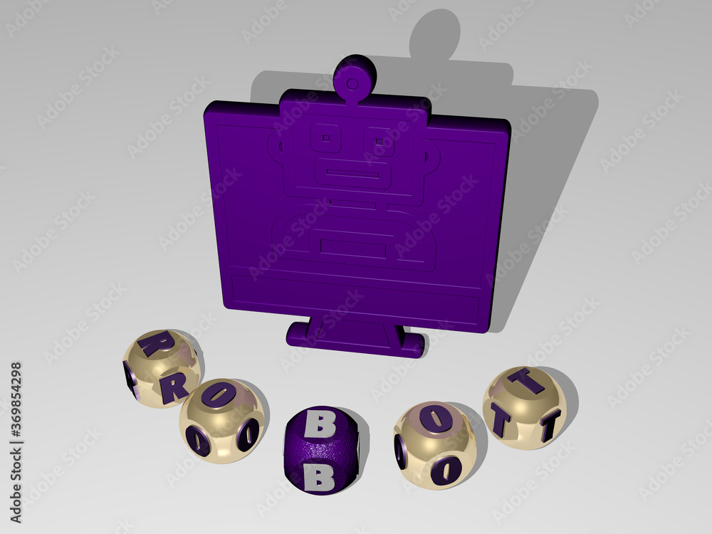 Poster 3d representation of robot with icon on the wall and text arranged by metallic cubic letters on a mi