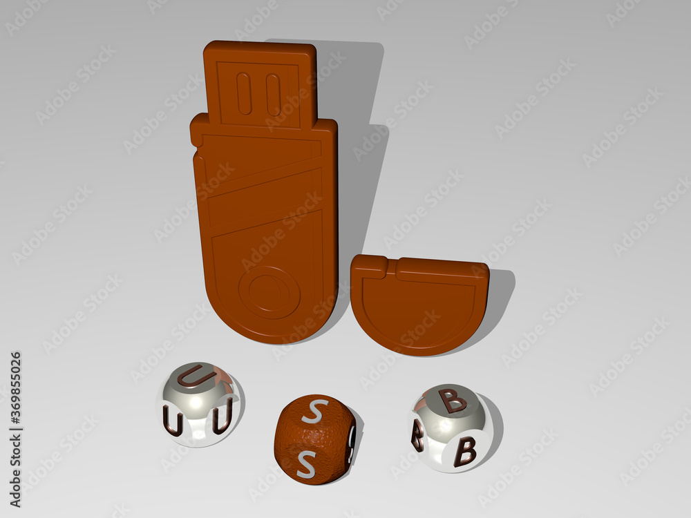 Fototapete 3d illustration of usb graphics and text around the icon made by metallic dice letters for the relat