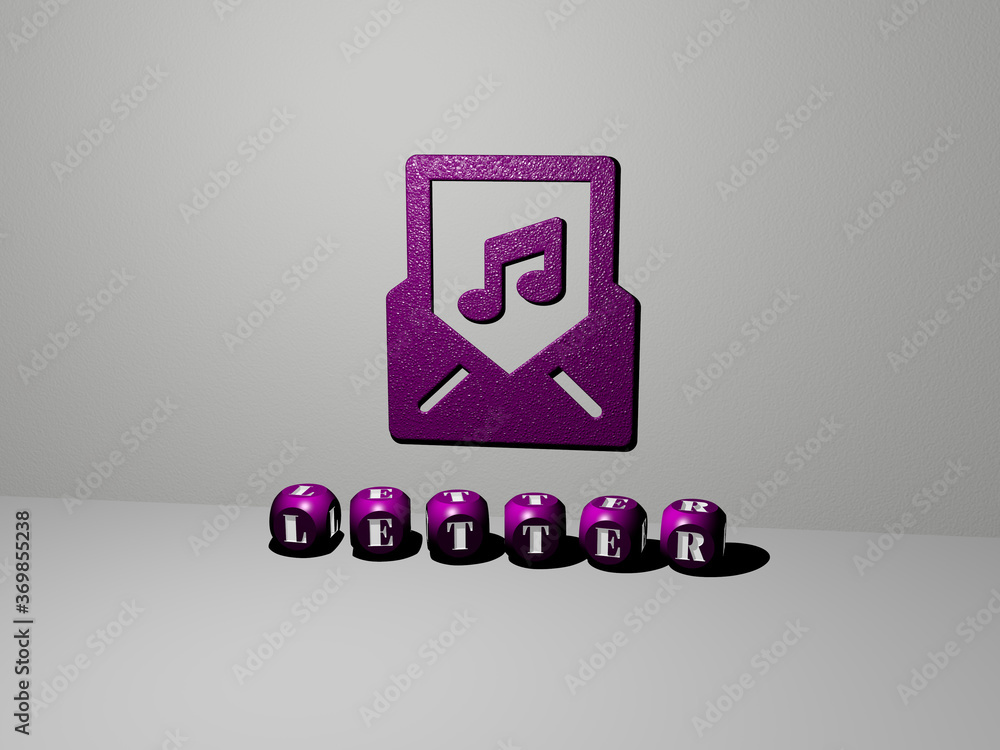 Poster 3d graphical image of letter vertically along with text built by metallic cubic letters from the top