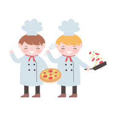 chefs cartoon character with pizza vegetables and spatula