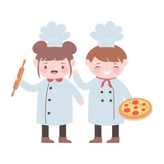 chefs boy and girl with pizza and rolling pin cartoon character
