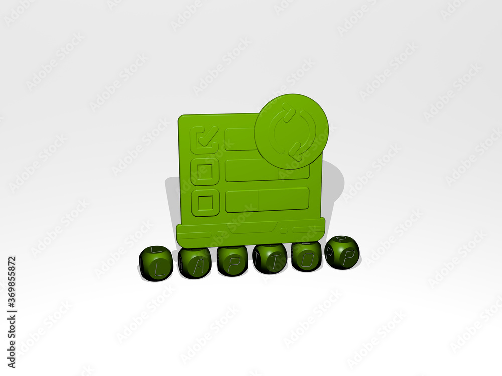 Poster 3d representation of laptop with icon on the wall and text arranged by metallic cubic letters on a m