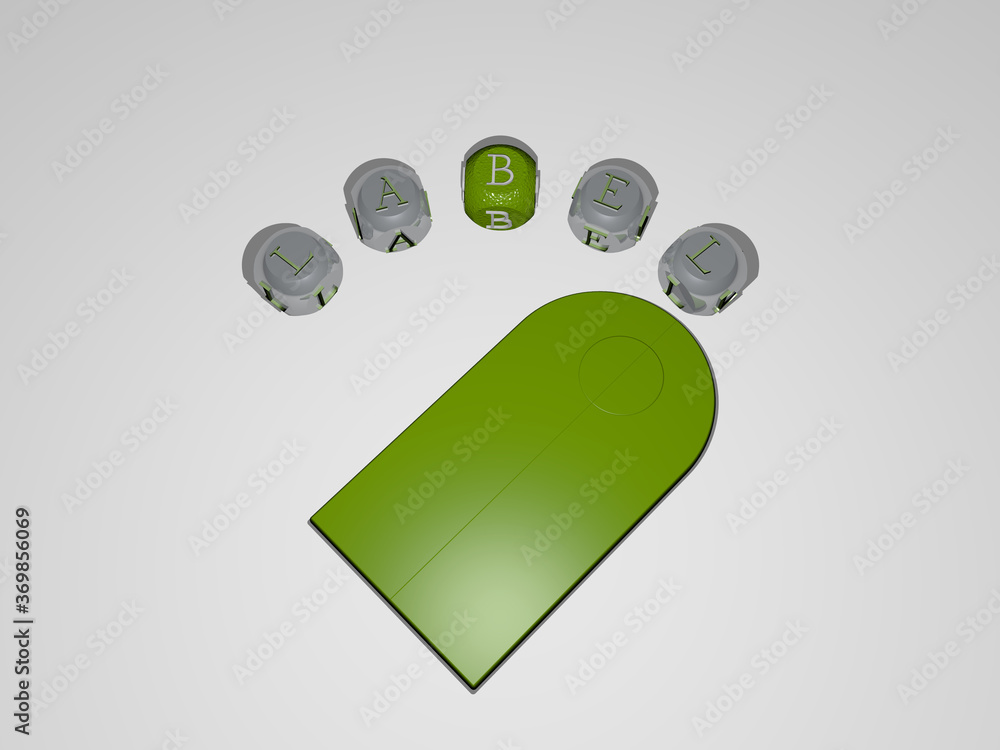 Aufkleber 3d graphical image of label vertically along with text built around the icon by metallic cubic lette