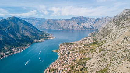 Naklejka na ściany i meble Flying above the old town of Kotor in Montenegro in the Bay of Kotor.