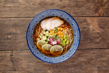 Summer cold ramen noodle soup with chicken