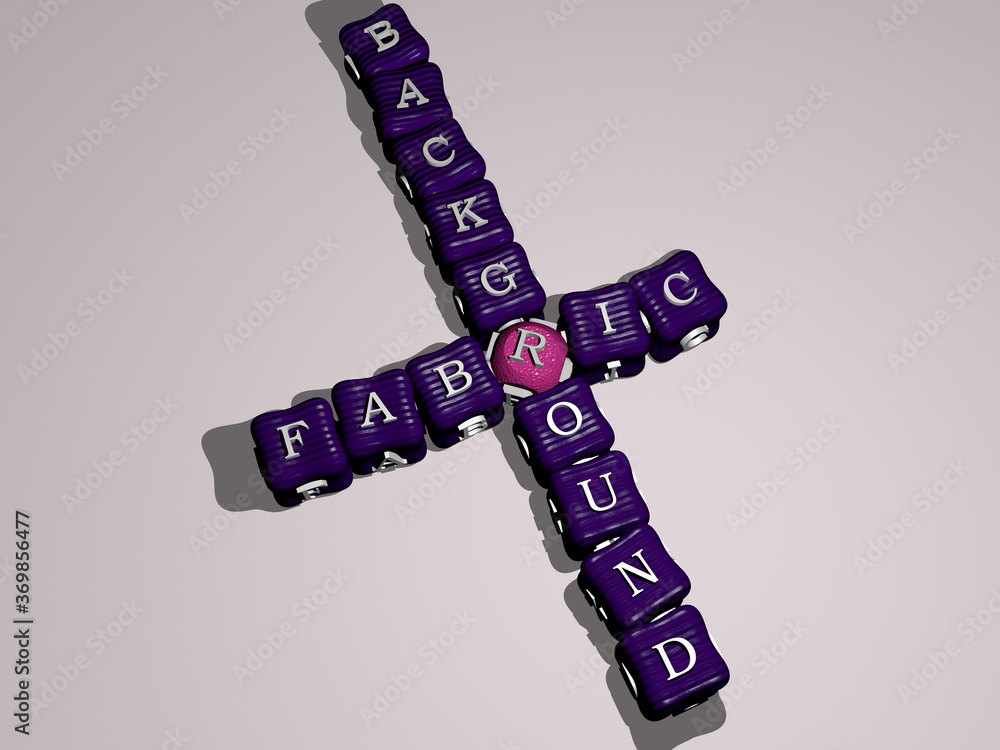 Poster crosswords of fabric background arranged by cubic letters on a mirror floor, concept meaning and presentation. pattern and illustration