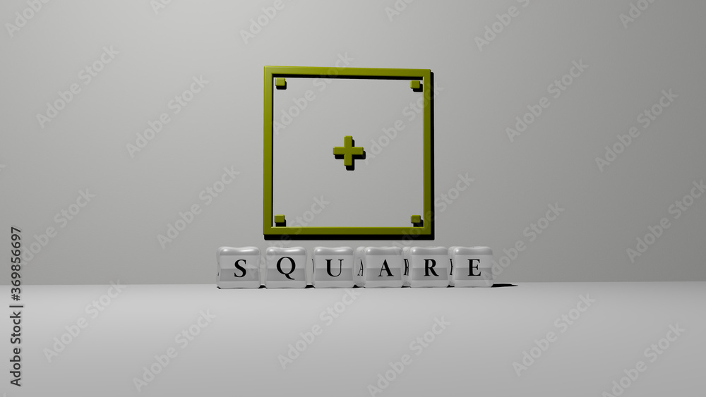 Poster 3d graphical image of square vertically along with text built by metallic cubic letters from the top