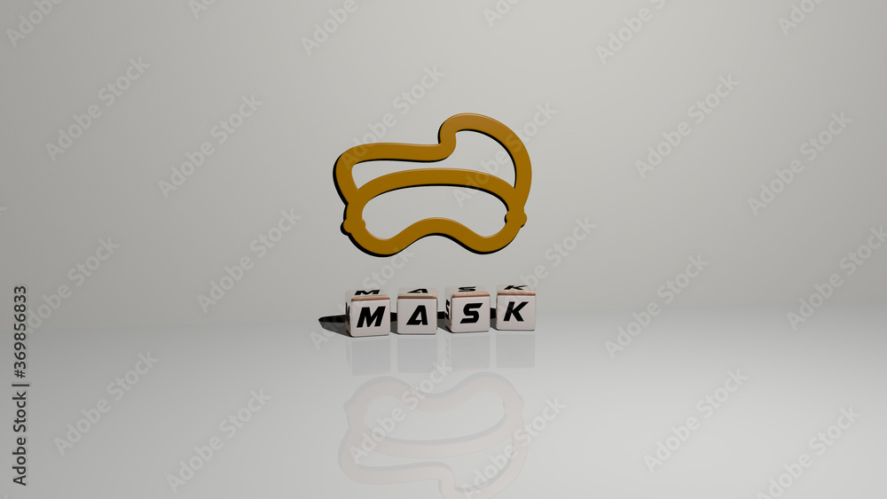 Poster 3d illustration of mask graphics and text made by metallic dice letters for the related meanings of 