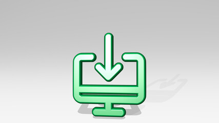 MONITOR DOWNLOAD stand with shadow. 3D illustration of metallic sculpture over a white background with mild texture. computer and business