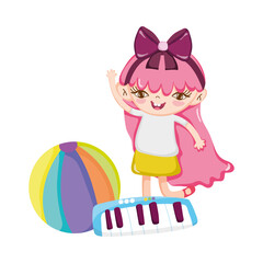 toys object for small kids to play cartoon, little girl with ball and piano