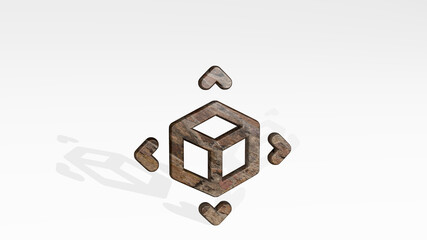 d box expand made by 3D illustration of a shiny metallic sculpture casting shadow on light background. design and abstract