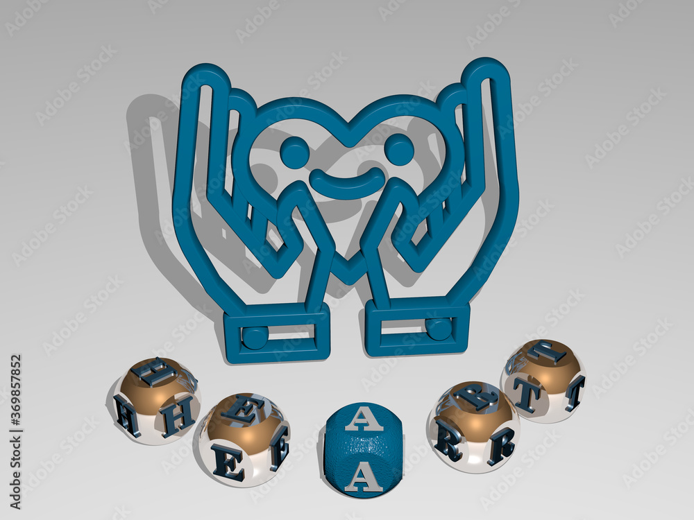 Poster 3d graphical image of heart vertically along with text built around the icon by metallic cubic lette