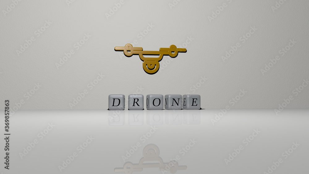 Poster 3D graphical image of drone vertically along with text built by metallic cubic letters from the top perspective, excellent for the concept presentation and slideshows. aerial and view