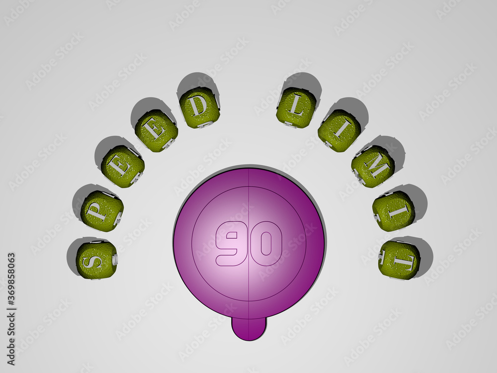 Poster 3d graphical image of speed limit vertically along with text built around the icon by metallic cubic