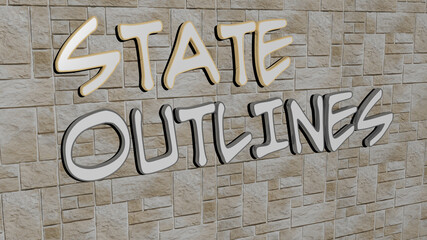 3D representation of state outlines with icon on the wall and text arranged by metallic cubic letters on a mirror floor for concept meaning and slideshow presentation. illustration and flag