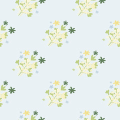 Beautiful seamless bouquet silhouettes pattern on white background with blue and dark floral elements.