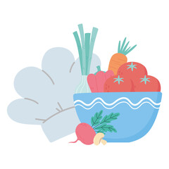 food fresh tomatoes carrot and chef hat isolated icon design white background