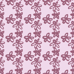 Seamless pattern with purple brushed daisy flowers. Pastel light pink background. Grunge simple backdrop.
