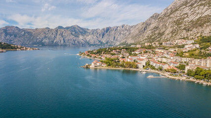 Obraz premium Flying above the old town of Kotor in Montenegro in the Bay of Kotor.