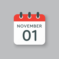 Calendar icon day 1 November, template icon day