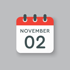 Calendar icon day 2 November, template icon day