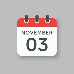 Calendar icon day 3 November, template icon day