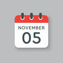 Calendar icon day 5 November, template icon day