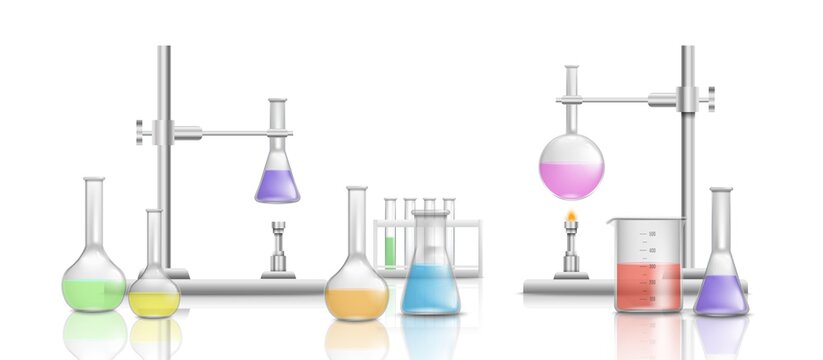 Scientific equipment in a chemical laboratory with medical beakers.