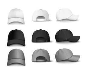 Set of realistic black, white and gray baseball cap or hat.