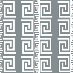 Greek key meander plaid ornaments on taupe checkered radial background. Repeat abstract monochrome backdrop.  Modern decorative geometry textile print for bed linen, jacket, package design