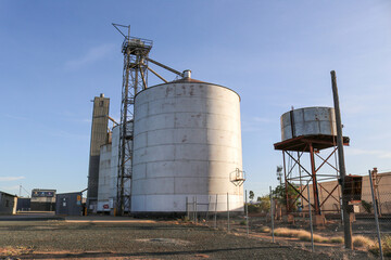ECHUCA, AUSTRALIA - February 29, 2020: Steel silos and water tank at the Echuca railway station