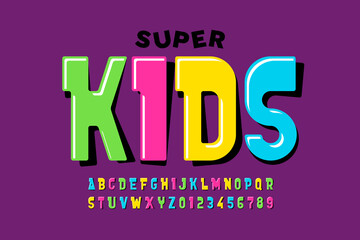 Playful style font design, childish alphabet letters and numbers