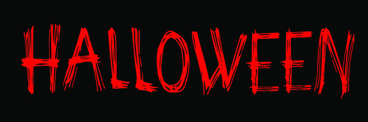 Red vector Halloween sign in cartoon style on a black background. Cute banner for Halloween. Hand-drawn blood color lettering of the autumn holiday in doodle style.
