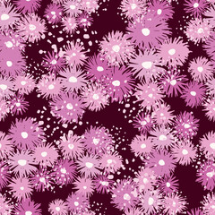 Random seamless pattern with purple and lilac chrysanthemum elements. Maroon background with splashes.