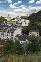 General view of the Andriyivskyy Descent with the Saint Andrew's Church in the background in Kyiv,...