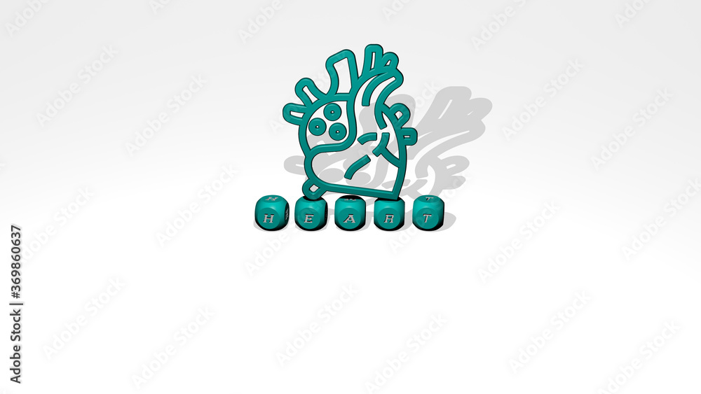 Aufkleber 3d representation of heart with icon on the wall and text arranged by metallic cubic letters on a mi