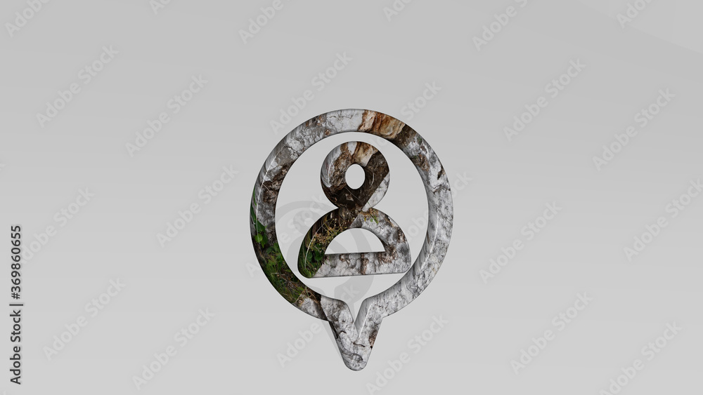 Poster style one pin user casting shadow from a perspective. a thick sculpture made of metallic materials o