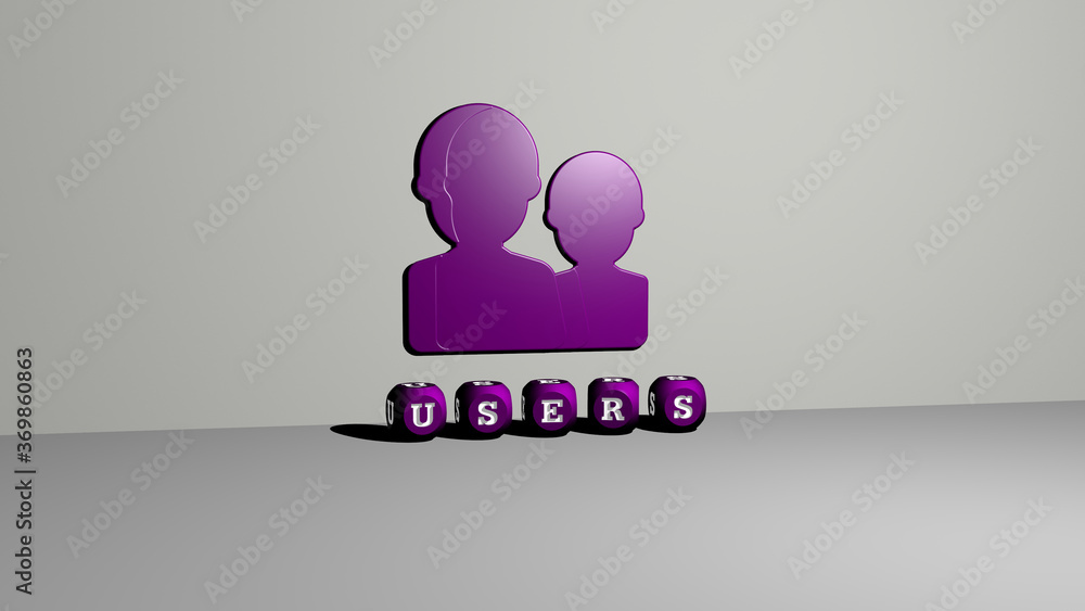 Poster 3d representation of users with icon on the wall and text arranged by metallic cubic letters on a mi