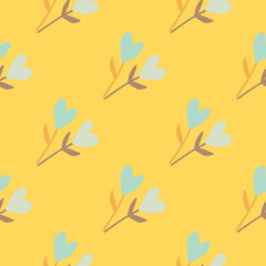 Seamless summer pattern with floristic heart twigs shapes. Yellow bright background. Naive stylized design.