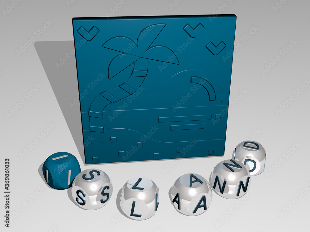 Poster 3d illustration of island graphics and text around the icon made by metallic dice letters for the re