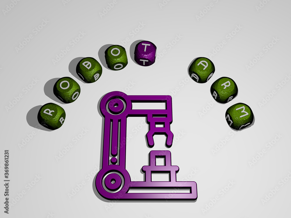 Poster 3d representation of robot arm with icon on the wall and text arranged by metallic cubic letters on 
