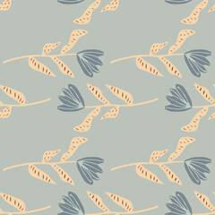 Pastel botanic tulip flower shapes seamless pattern. Soft blue background and buds with beige stems. Tender print.