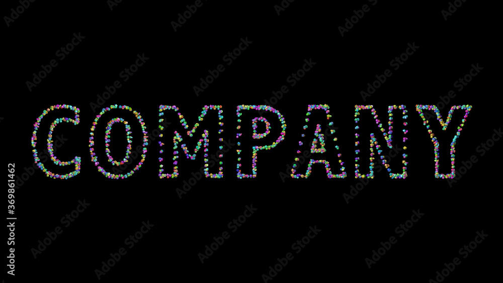 Poster company: 3d illustration of the text made of small objects over a black background with shadows. bus