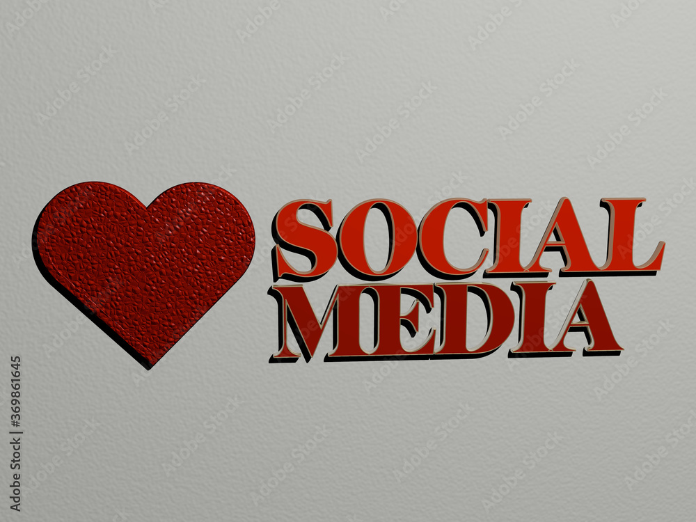 Poster 3d representation of social media with icon on the wall and text arranged by metallic cubic letters 