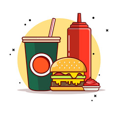 Burger with soda and sauce icon illustration. fast food icon concept isolated. flat cartoon style
